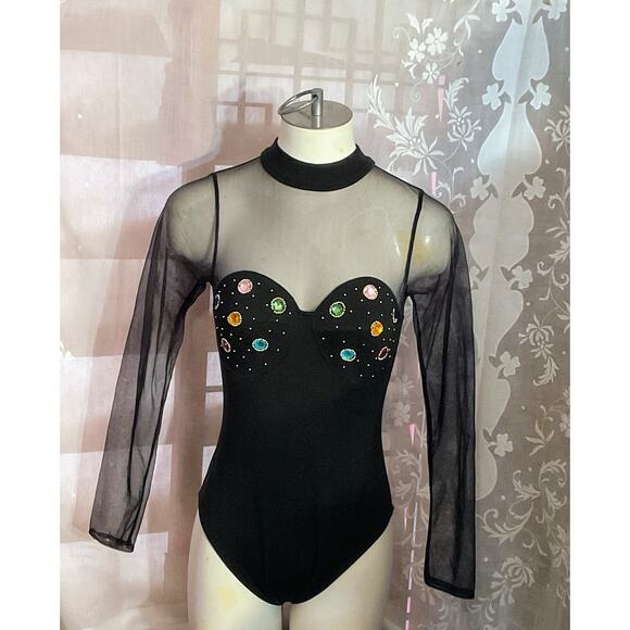 Vtg 90’s Black Sheer Crotch Snap Bodysuit Embellished Jewels Dance Stretch Med. - Picture 2 of 16